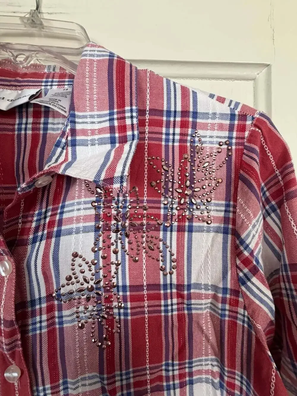 Alfred Dunner Women's Red and White Plaid 3/4 Sleeve Button-Down Top with Floral